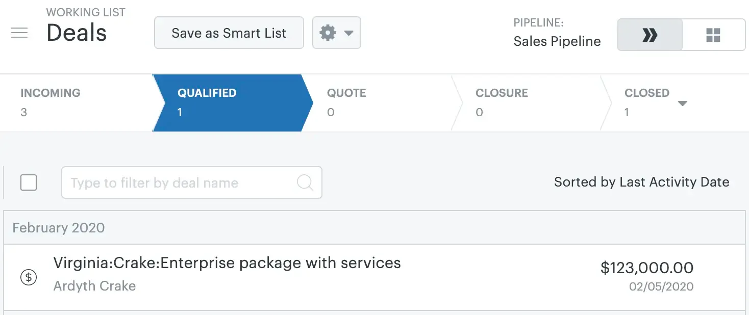 Zendesk Sell Deals page showing a sales pipeline with Incoming, Qualified, Quote, Closure, and Closed stages, including a $123,000 enterprise deal.